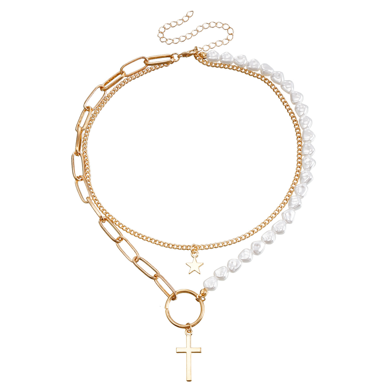 Jewelry Imitation Pearl Spliced Star for Women Creative Cross Double Layer Stacked Necklace Jewelry for Women