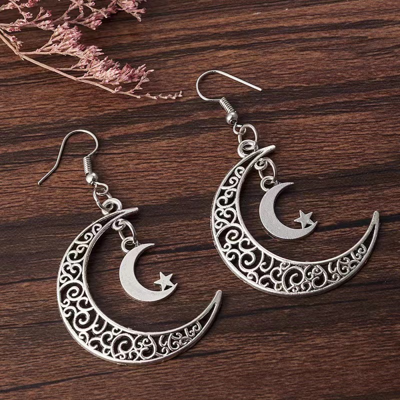 1 Pair Hollow Earrings Floral Pattern Star Moon Pendant Niche Design