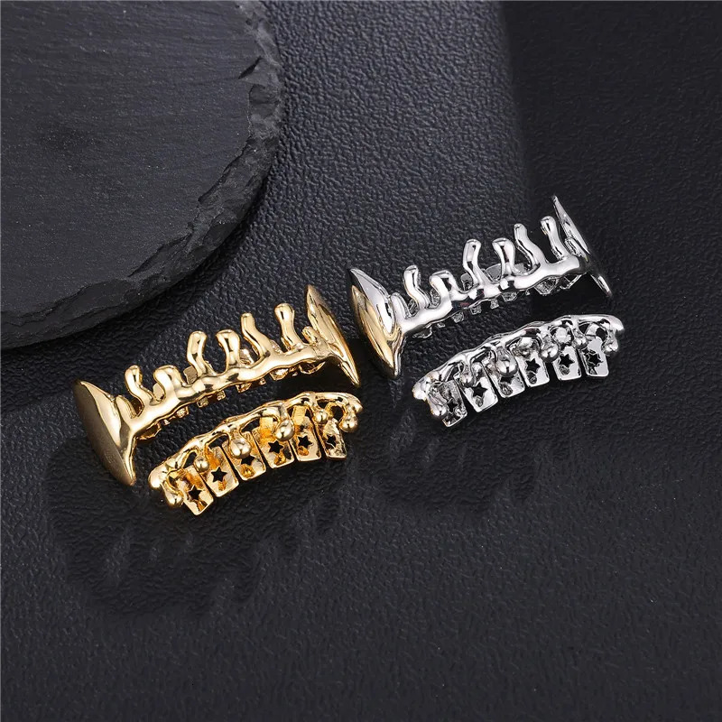 D Z Teeth Set For Unisex Top Bottom Mouth Gold Silver Color Teeth Grills Tooth Caps Removable Dental Fashion Jewelry 250606