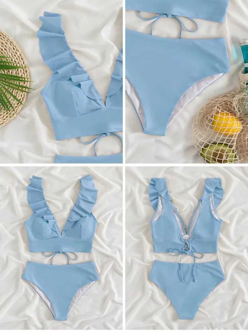 Ladies Two-Piece Bikini Set Sexy Swimsuit Tankini Fashion Ruffled Bikini Swimwear Women Swimming Suit Summer Beachwear ClothingXJ250624