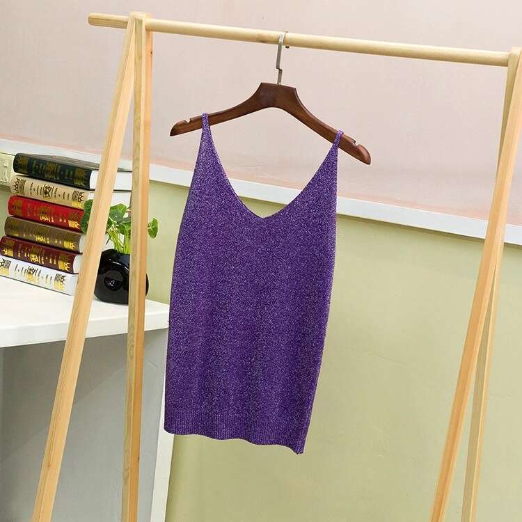 Shiny Knit Camisole for Women, Summer Thin Short Slim Fit Sexy Silver Thread Base Shirt