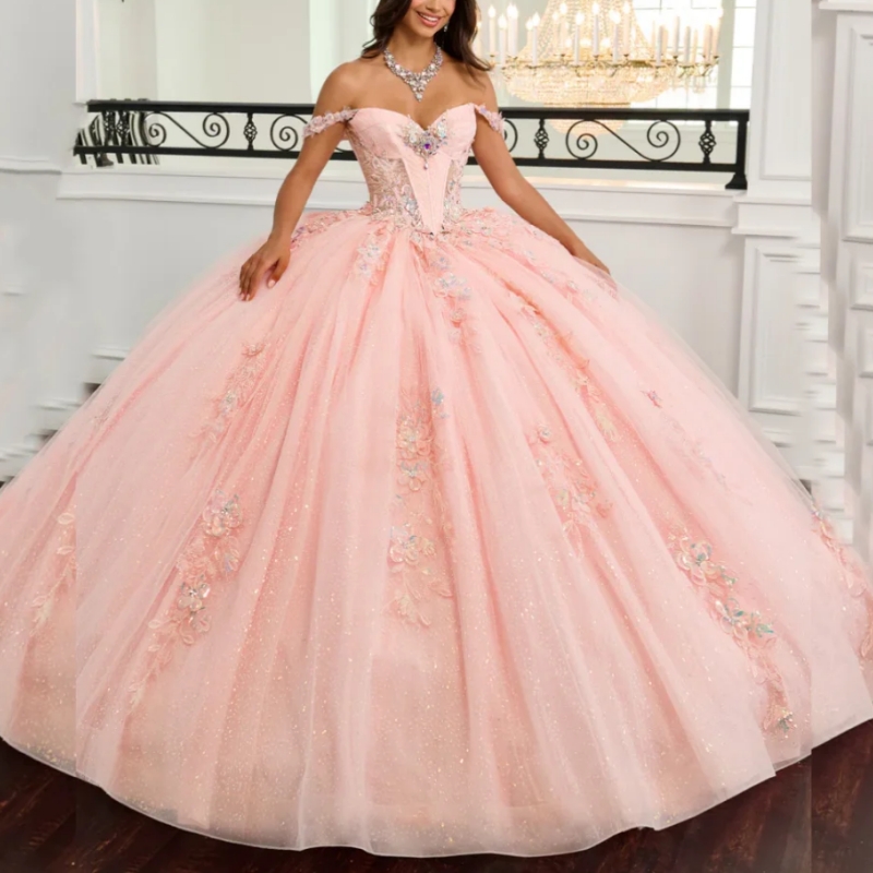 Pink Glitter Quinceanera Dresses Ball Gown Lace Applique Beaded Bow Tull Mexican Sweet 16 Dress Vestido De 15 Anos