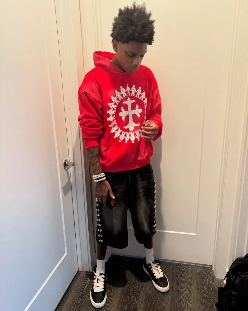 Streetwear Gothic Harajuku fashion men pullovers American trend red printed hoodie Hip hop punk casual loose sweatshirt 250618