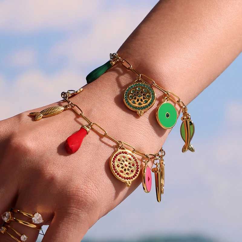 Nivora Ethnic Style Colorful Enamel Pendant Bracelet For Women Stainless Steel Multiple Shape Zircon Charm Bracelet Jewelry X250625