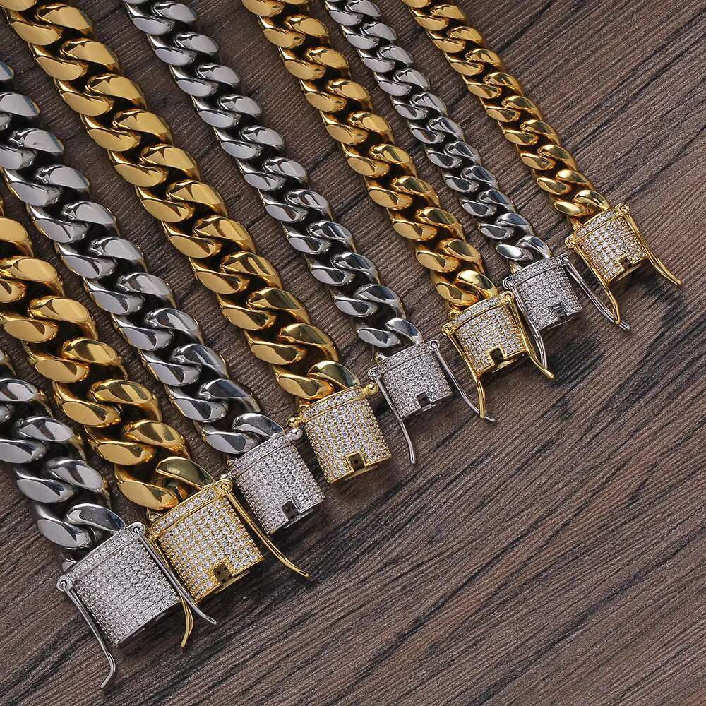 BC001 8mm 10mm 12mm 14mm Stainless Steel Cuban Chain Necklace with Brass Setting Zircon Clasp Hip Hop BLING