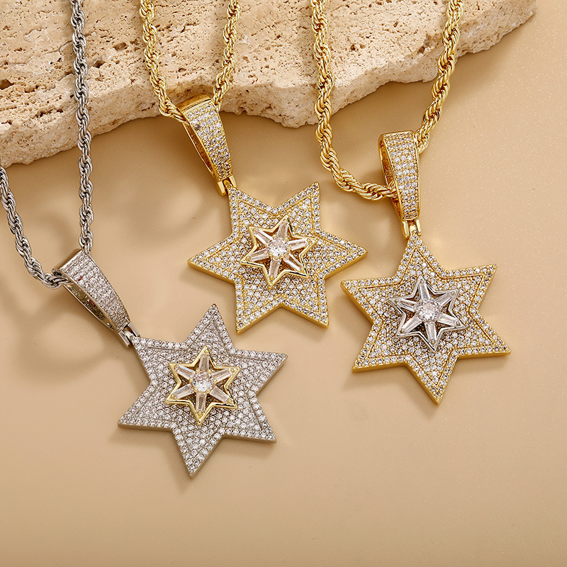 New In 14k Gold Hip Hop Diamond Rotating Hexagonal Star Pendant Necklace Full Bling Cubic Zirconia Trendy Streetwear Jewelry Gifts For Men And Women C