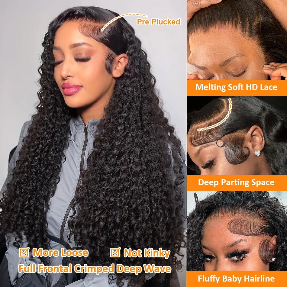 Brazilian 250density HD Deep Wave Lace Frontal Wigs 13x4 Water Curly Human Hair Glueless Lace Front Wig 30 34 Inch Kinky Curly Wear and Go Gluless Wig