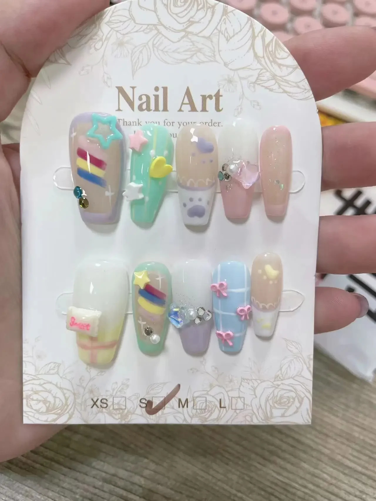 Candy Pudding Handmade Wearable Nails Sweet Cute Nail Art Patch Removable Bow Star Summer French Fake Nails 250625