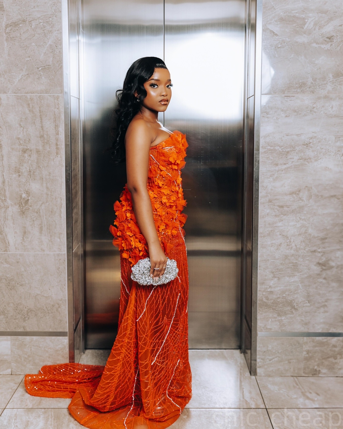 Orange Mermaid Prom Dresses 2025 Crystals Flowers Sequined Elegant Evening Formal Party Second Birthday Engagement Gowns Plus Size Dress For Special O