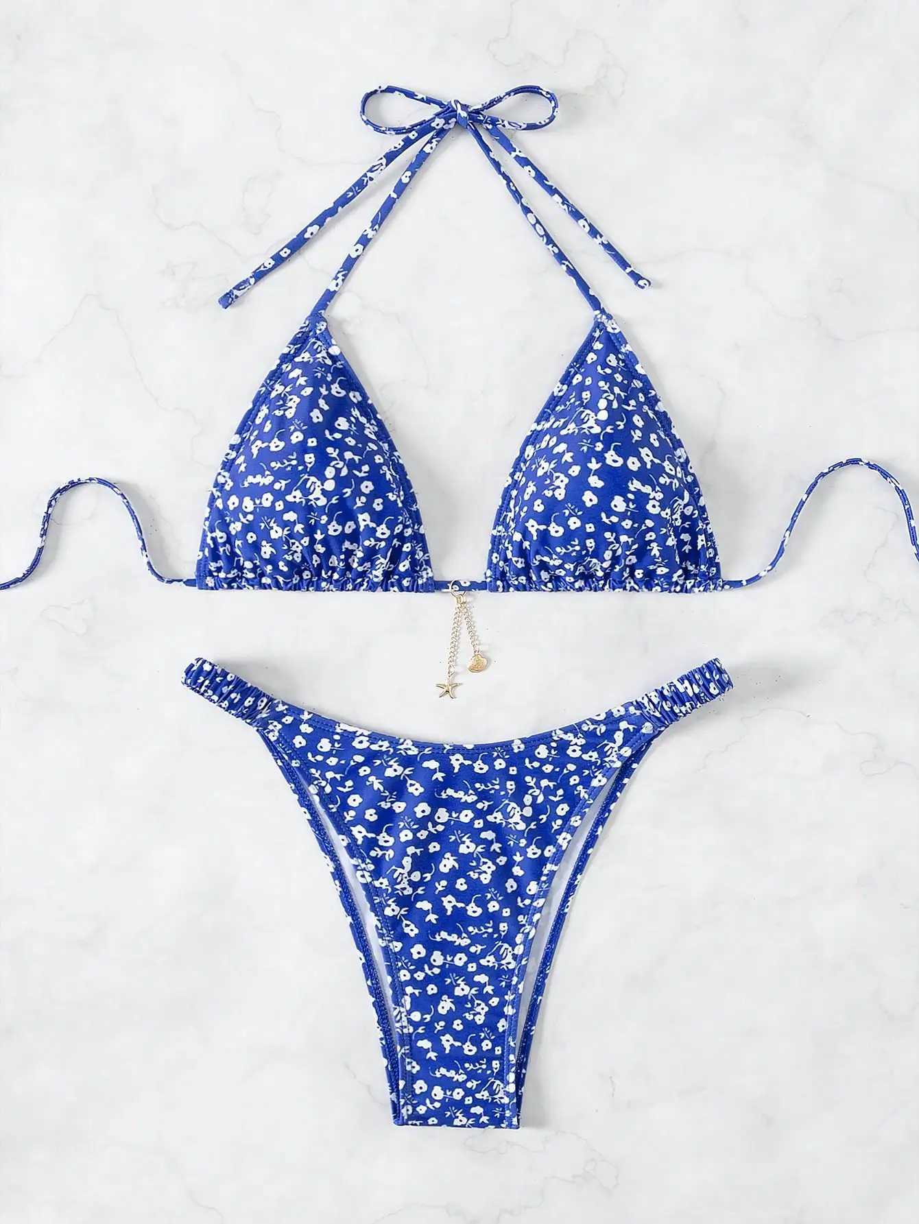 Halterneck floral pattern triangle cup split bikini summer cool swimwear comfortable XJ250624