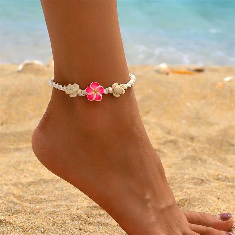 Summer Sweet Flower Woven Rope Handmade Anklets for Women Ocean Beach Starfish Shell Turtle Charm Bracelet On Leg Foot Jewelry U250624