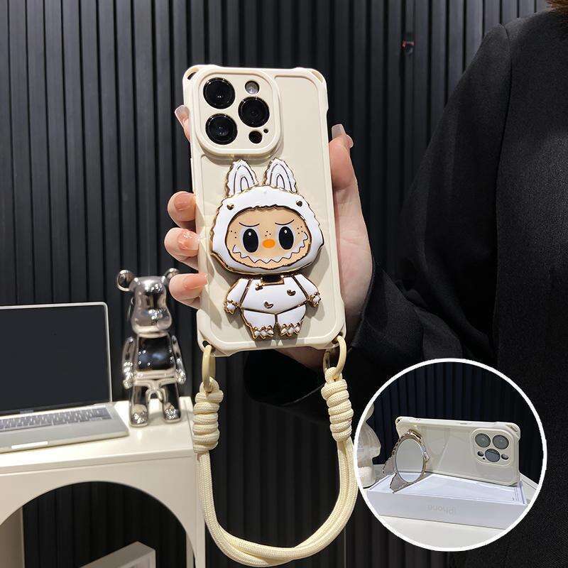 Cartoon Labubu Mirror Stand Compatible with iPhone 16 Case 12 Apple 15 Four-Corner Lanyard Anti-Drop Huawei