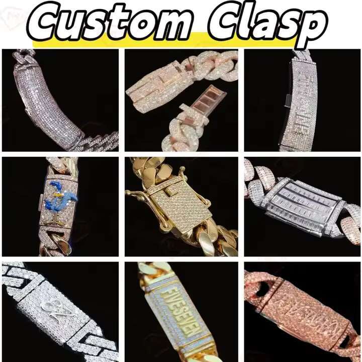 Luxury Moissanite Cuban Chain 18mm Rose Gold Emerald Cut 925 Sterling Silver Moissanite Cuban Link Chain