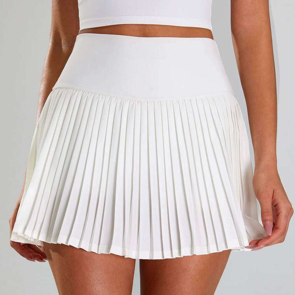 2025 new high-waisted pleated sports women's outdoor fiess fake two-piece tennis culottes anti-light yoga skirt