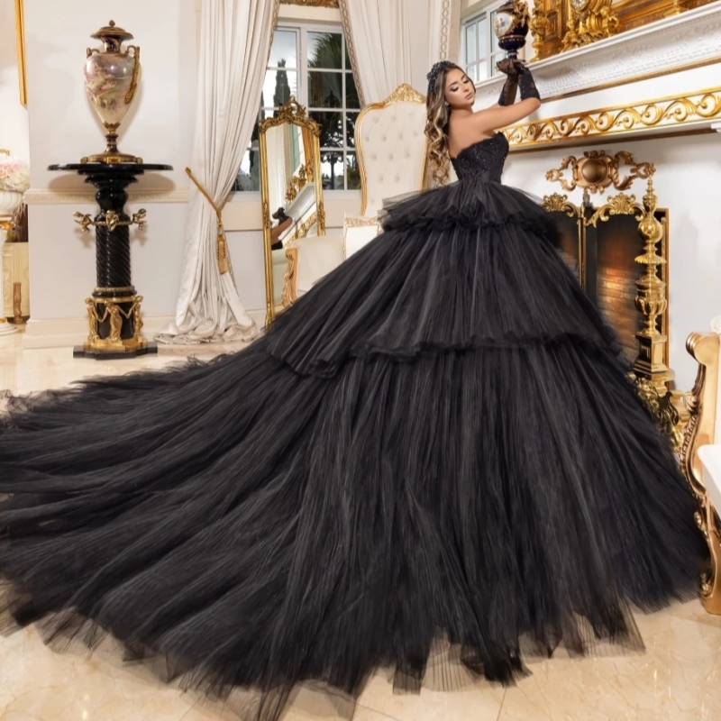Luxury 2025 Black Quinceanera Dresses Ball Gown Crystal Beaded Tull Tiered Corset Sweet 16 Dress Vestido De 15 Anos