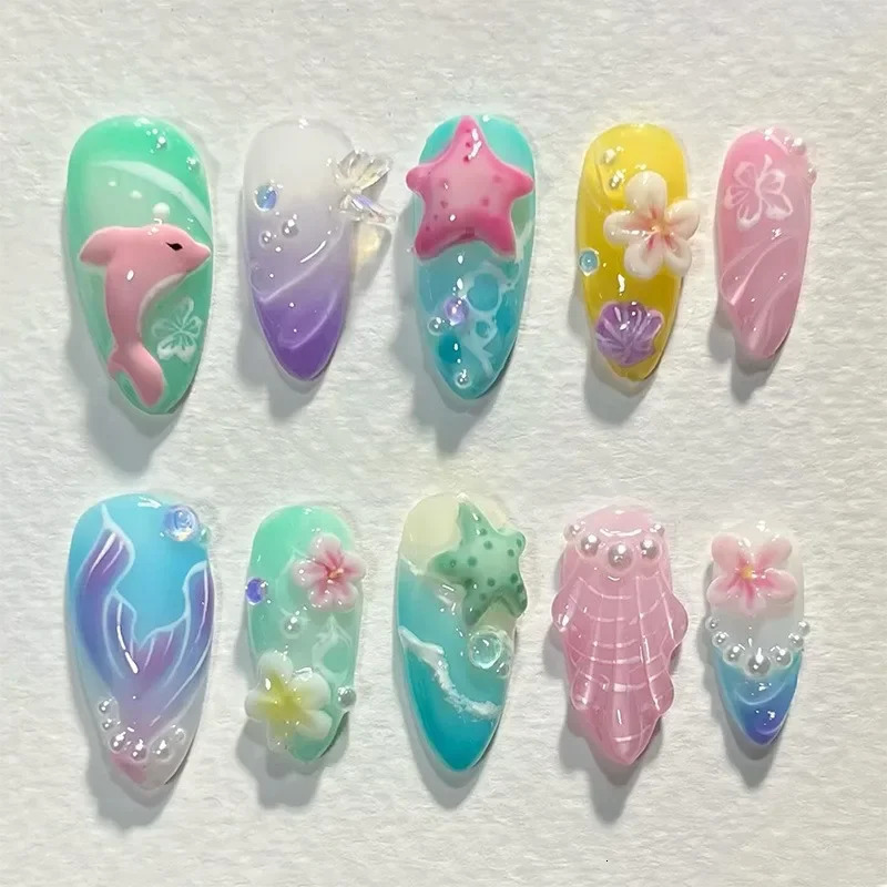 30Pcs Almond False Nails Tips Summer Beach Colorful Nails Sets with Pearl Flower Press on Nails Art Wearable Fake Nail 250625