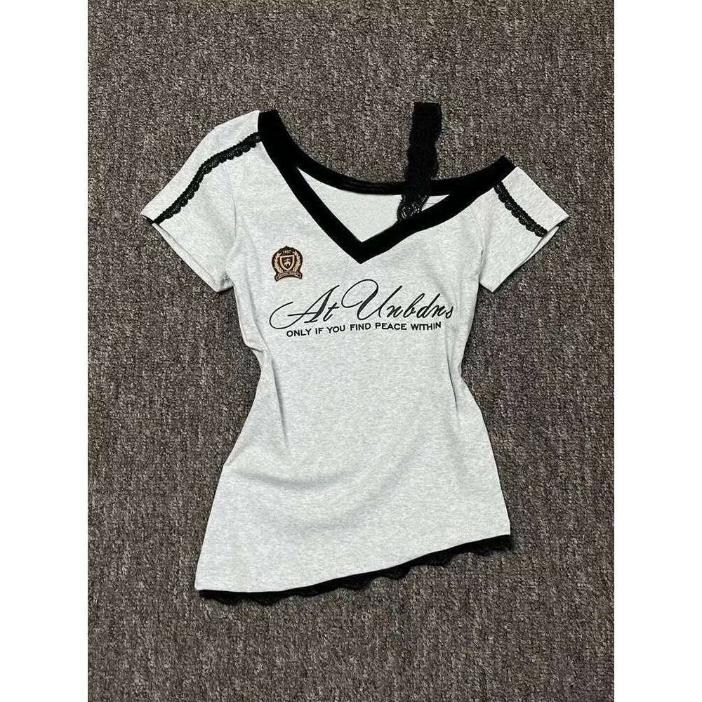 White-Gray Lace Sport Sexy Summer Off shoulder Top Women Y2k V neck Short sleeve T shirt Fashion Korean Lady Basic Tees 2025 New