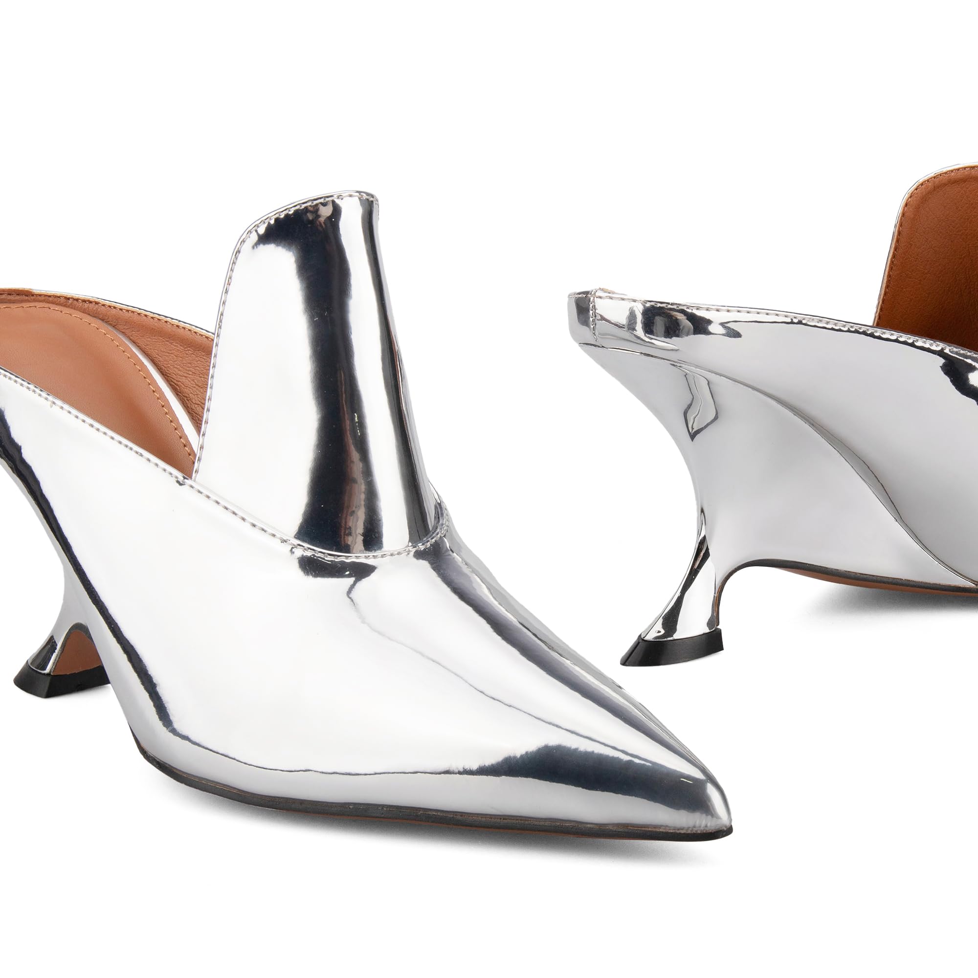 ARQA Metallic Heeled Mules for Women Sexy Pointed Closed Toe Slip On Wedge Mule Pumps Heels 3.94 inches curved heels.