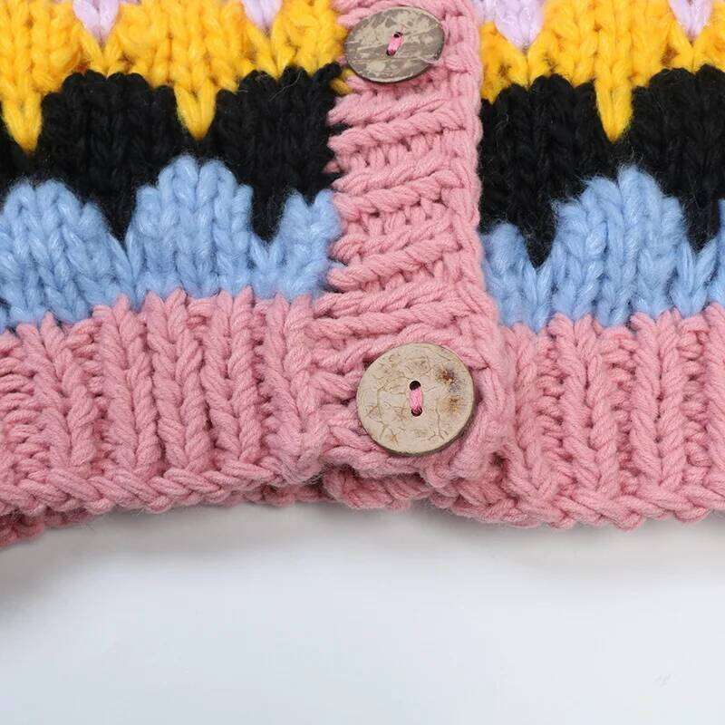 Jastie 2025 Autumn And Winter Women's Sweater Contrast Color Handmade Splicing Loose V-neck Thick Knitted Cardigan Coat