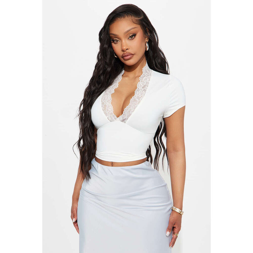 Ins Pure Desire Spicy Girl Lace Patchwork V-Neck Sleeve T-Shirt Mature Temperament Sexy Waist-Cinching Short Top B5