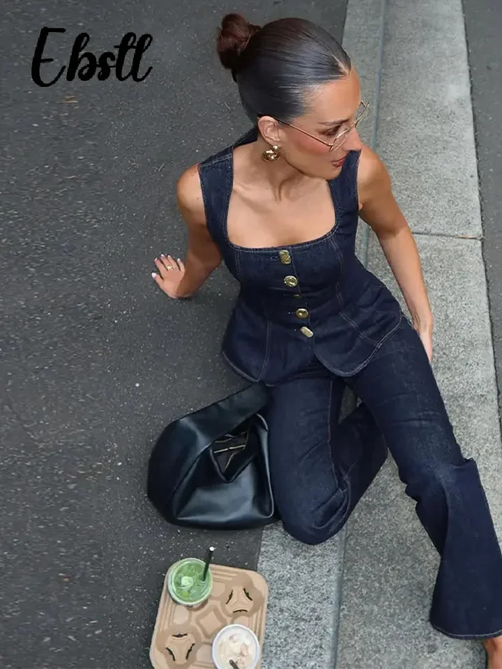 Denim Square Collar Vest Jeans Set Womens Slim Single Breasted Sleeveless Tank Top High Waist Pants 2025 Lady Street Outfit 250616