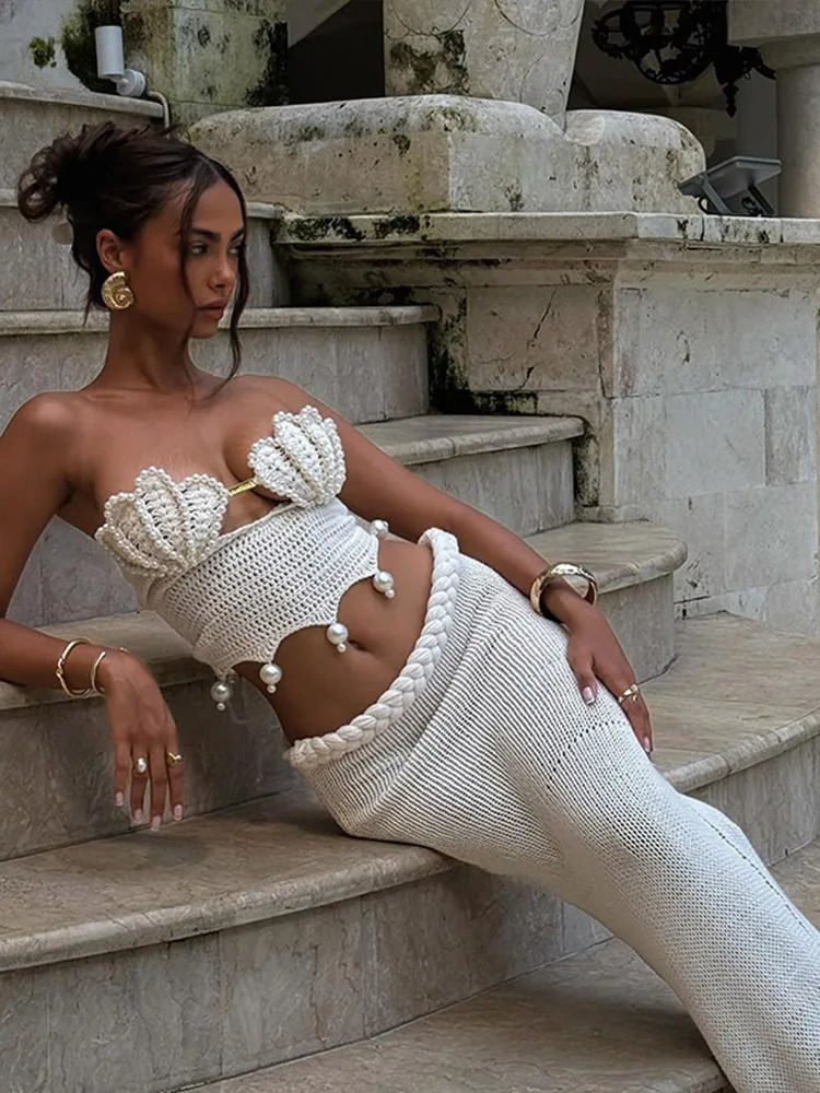 Crochet Knitted Pearl Bra Skirt Women Suit Backless Hollow Out Short Top Twists Long 2025 Summer Beach Holiday Female Set 250616
