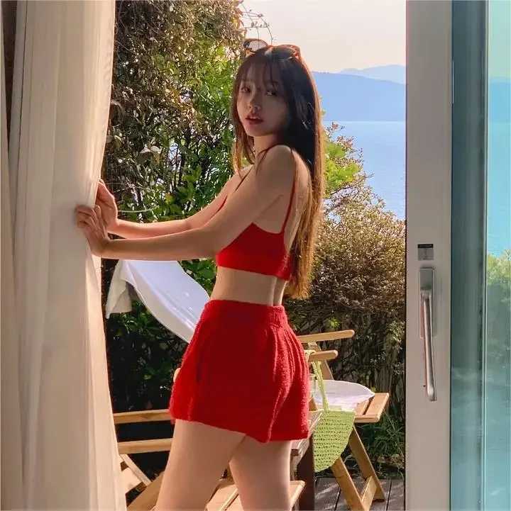 New Hot Sale Of The Season Korean Pure Color Towel Fabric Strap Vest Elastic Waist Shorts Swimsuit Womens Bikini Set Casual Com XJ250624