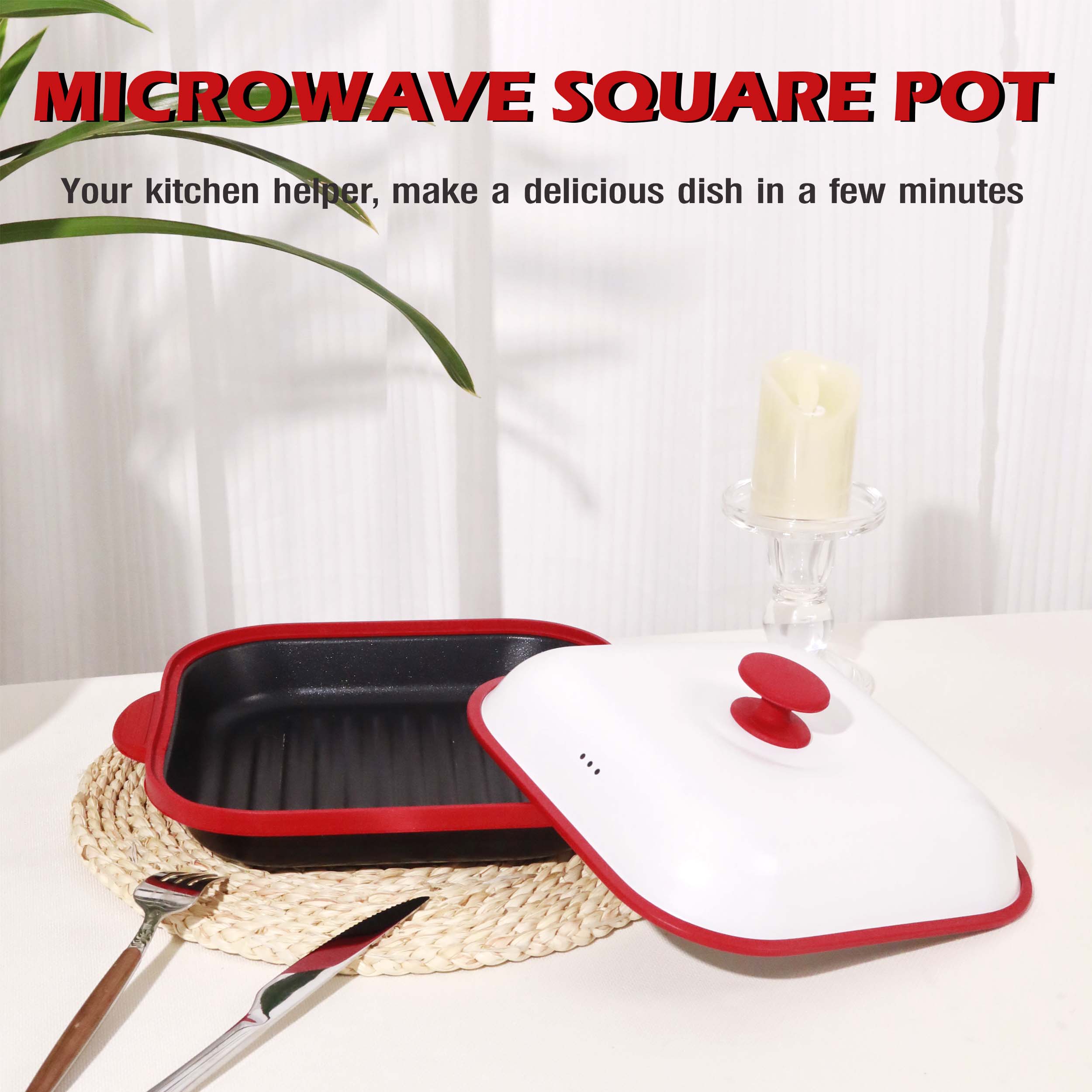Microwave Grill Pan with Lid Microwave Burner and Crisper Multi-Purpose Microwave Cookware Square Pots for Grilling, Frying, Browning and Crisping