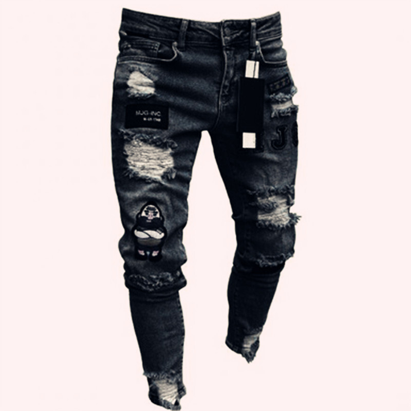 Men's jeans designer, high street trend, breathable hip-hop pants, men's skinny jeans, ripped badge slim-fit pants, long pants