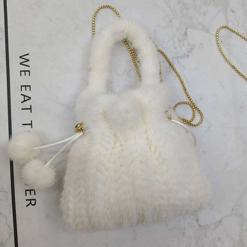 2024 New Real Genuine Mink fur Handbag Women Small Cute Girls Natural Fur Phone Bag