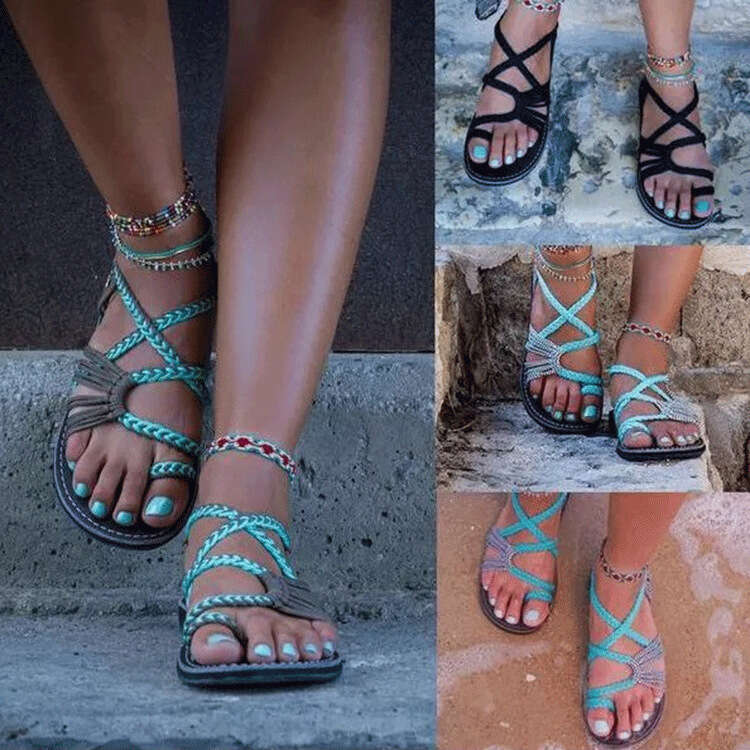 Plus Size Rope Knot 2025 Summer Beach Toe Post Women's Flat Sandals