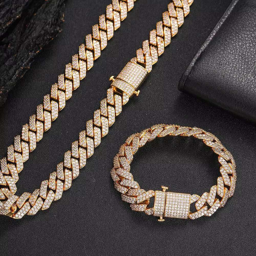 Hip Hop Styles Gold Plated Brass Full Diamond Zircon Iced Out Micro Paved Miami Cuban Link Chain Jewelry Necklace for Mens