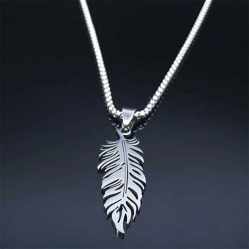 Boho Feather Pendant Male Necklace for Women Men StainlESS Steel Silver Color Chain Jewelry Gift collar hombre N3393S01 V250625