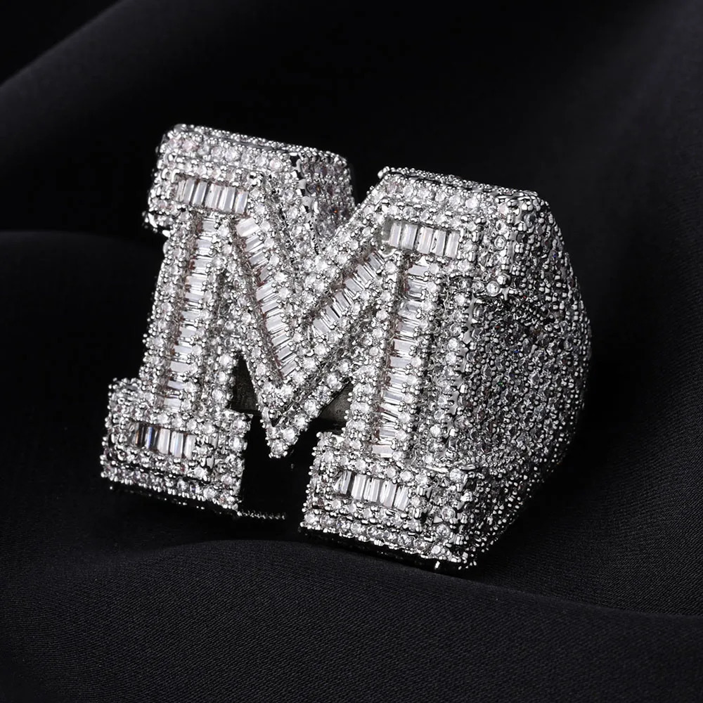 Quality Brilliant Rectangle Iced Out M Ring For Men Hip Hop M Initial Letter Round Cut Diamond Ring For Unisex jewelry 250624