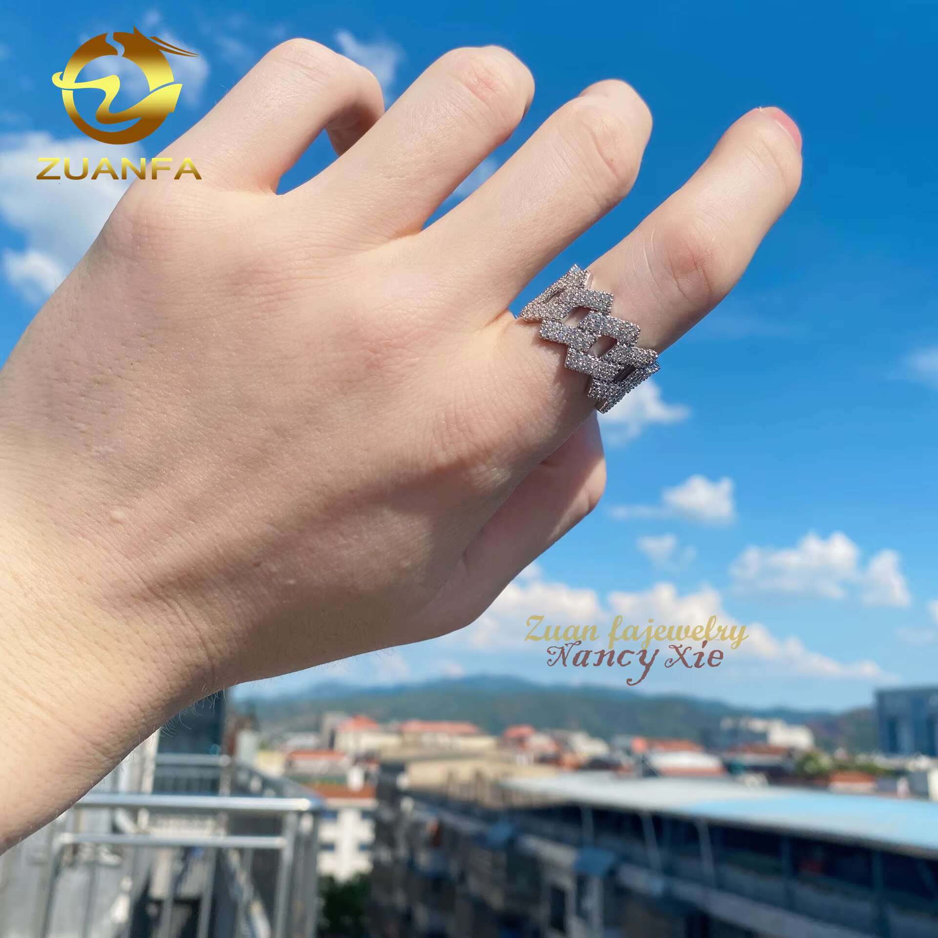 Top Sale Fine Hip Hop Iced Out Jewelry D Color 2 Rows Cuban Link Design VVS Moissanite Men Diamond Ring