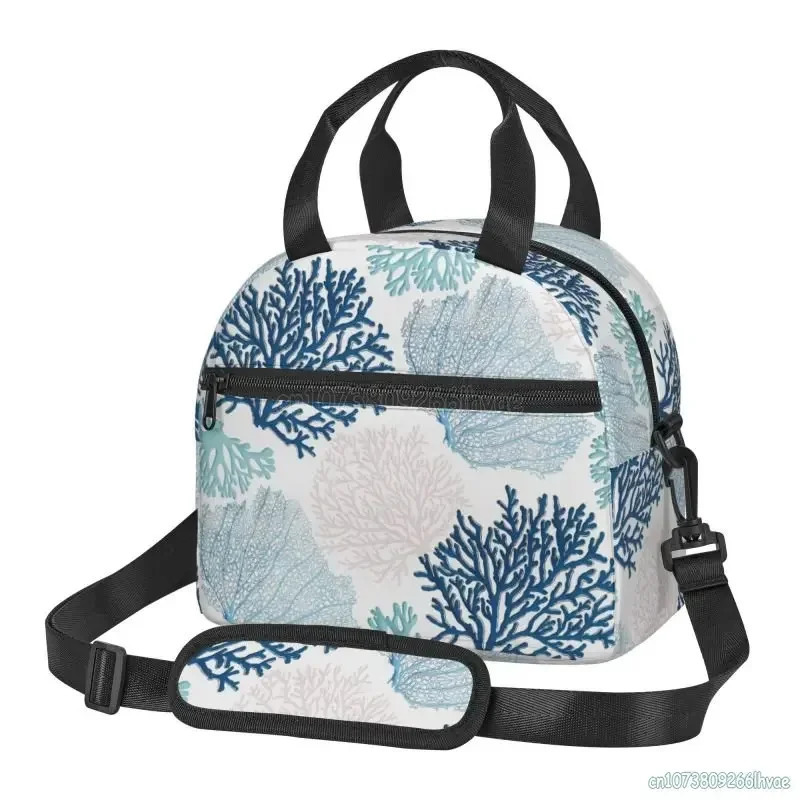 Summer Coastal Coral Branch Thermal Insulated Lunch Box for Work School Picnic Beach Food Bags Women Resuable Cooler Bento Bag 250624