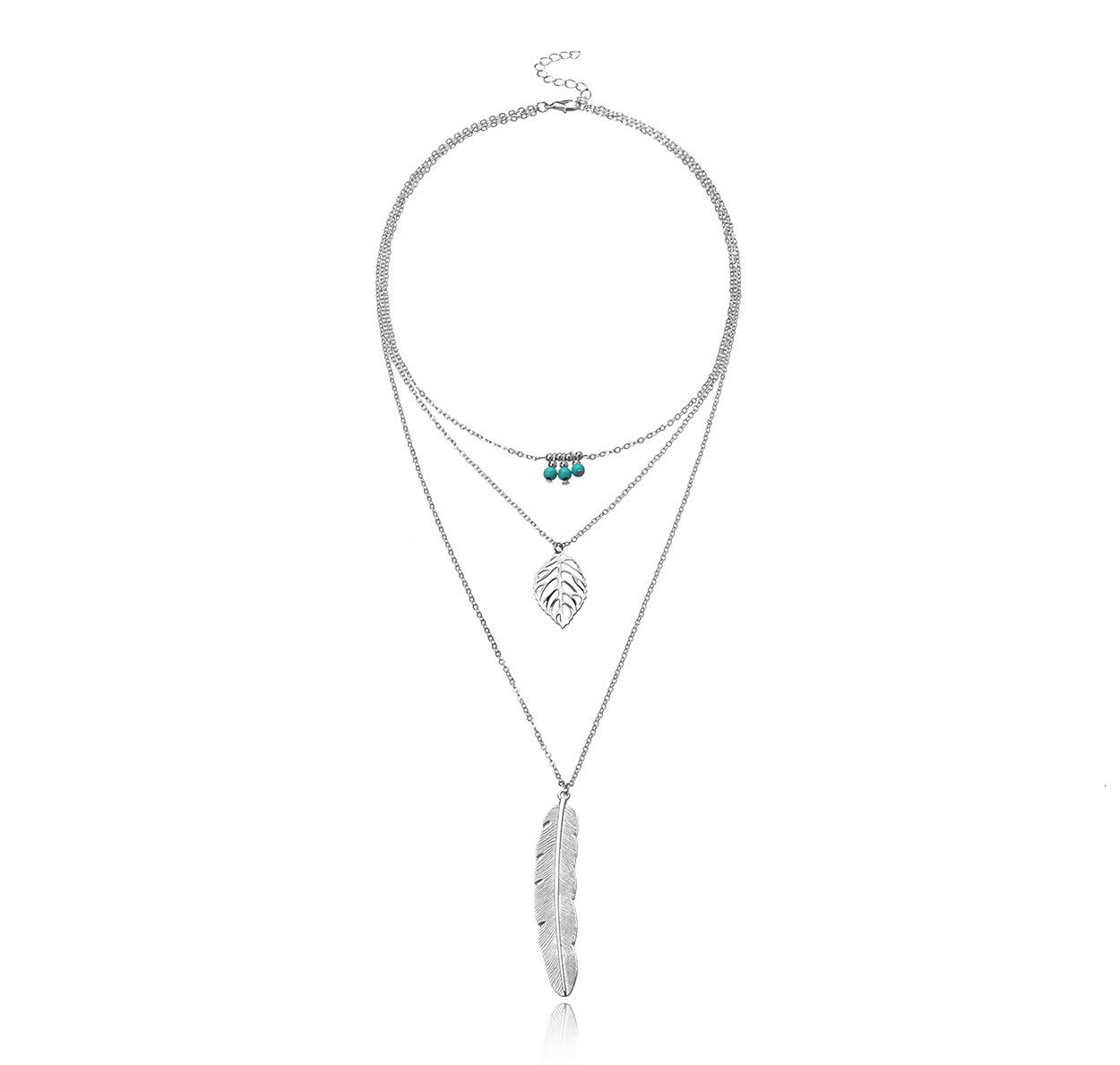 Women's Multi-layer Jewelry Fashion Versatile Turquoise Leaf Handmade Beaded Feather Pendant Necklace Jewelry for Women