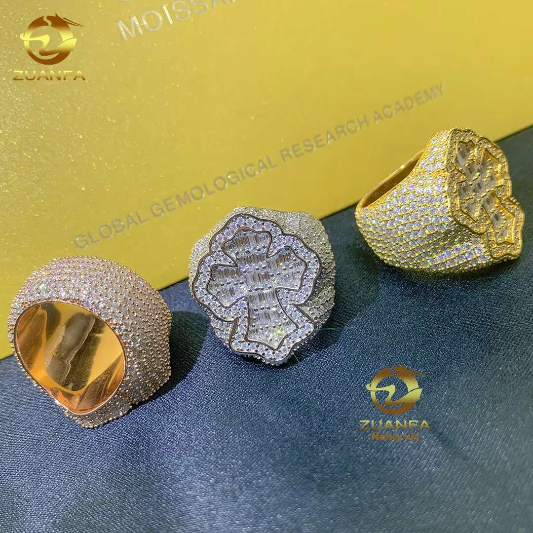 Fashion Cross Style Mans 925 Sterling Silver Ice Out Moissanite Diamond Hip Hop Rapper Jewelry Cuban Ring