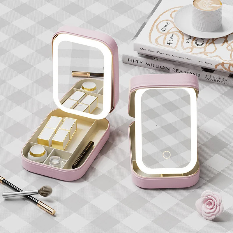 Hand mirror Portable Dual-Use Jewelry Box LED Vanity Mirror Folding Travel Cosmetic Organizer Premium Travel Companion 250625