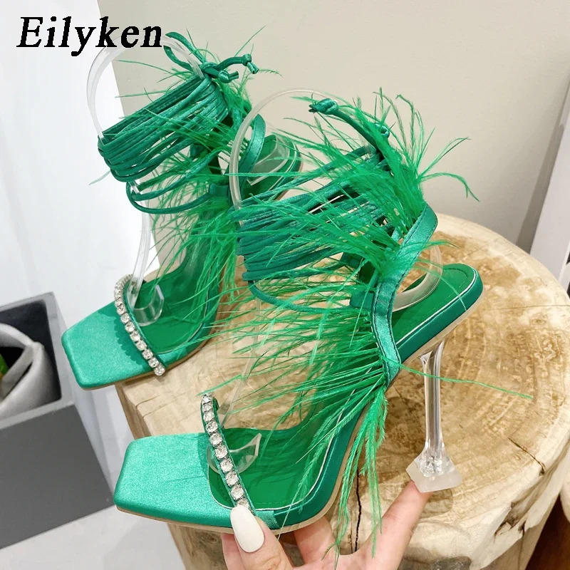 Eilyken Street Style Square Toe Woman Sandals Fashion Crystal Lace-up Transparent Perspex High Heels Shoes Party Dress Pumps 250624