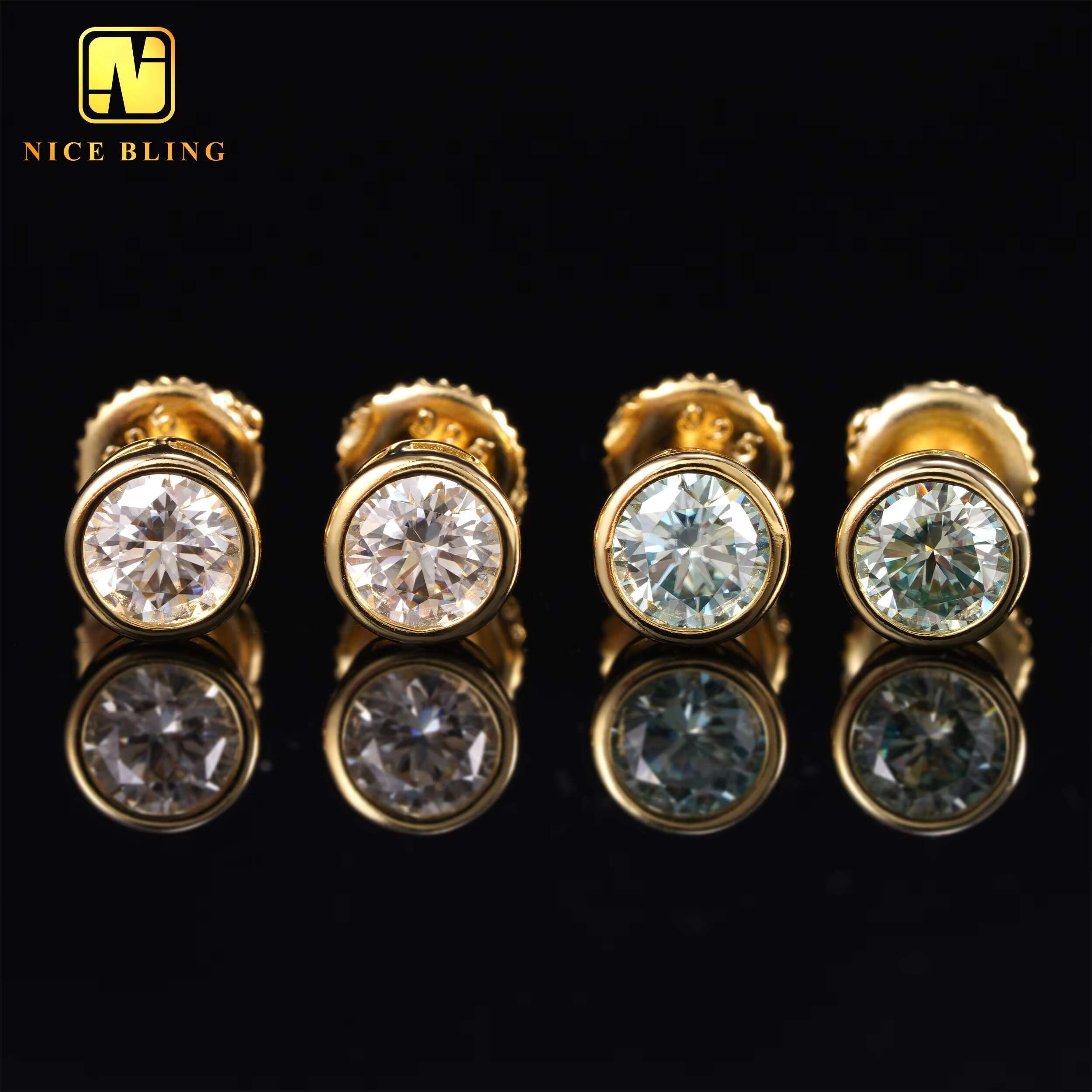 Bezel Setting Blue Green Moissanite Diamond Earrings 18K Gold Plated Silver Jewelry Hip Hop 6mm Ear Studs