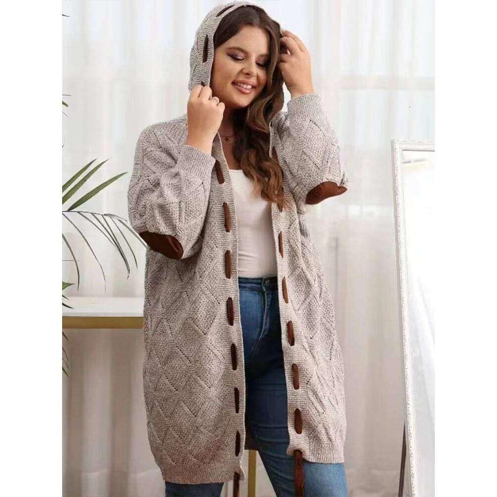 Color Block Hooded Cardigan, Elegant Mid-Length Thick Knitted Sweater Coat With String, Women's Plus Size Clothing