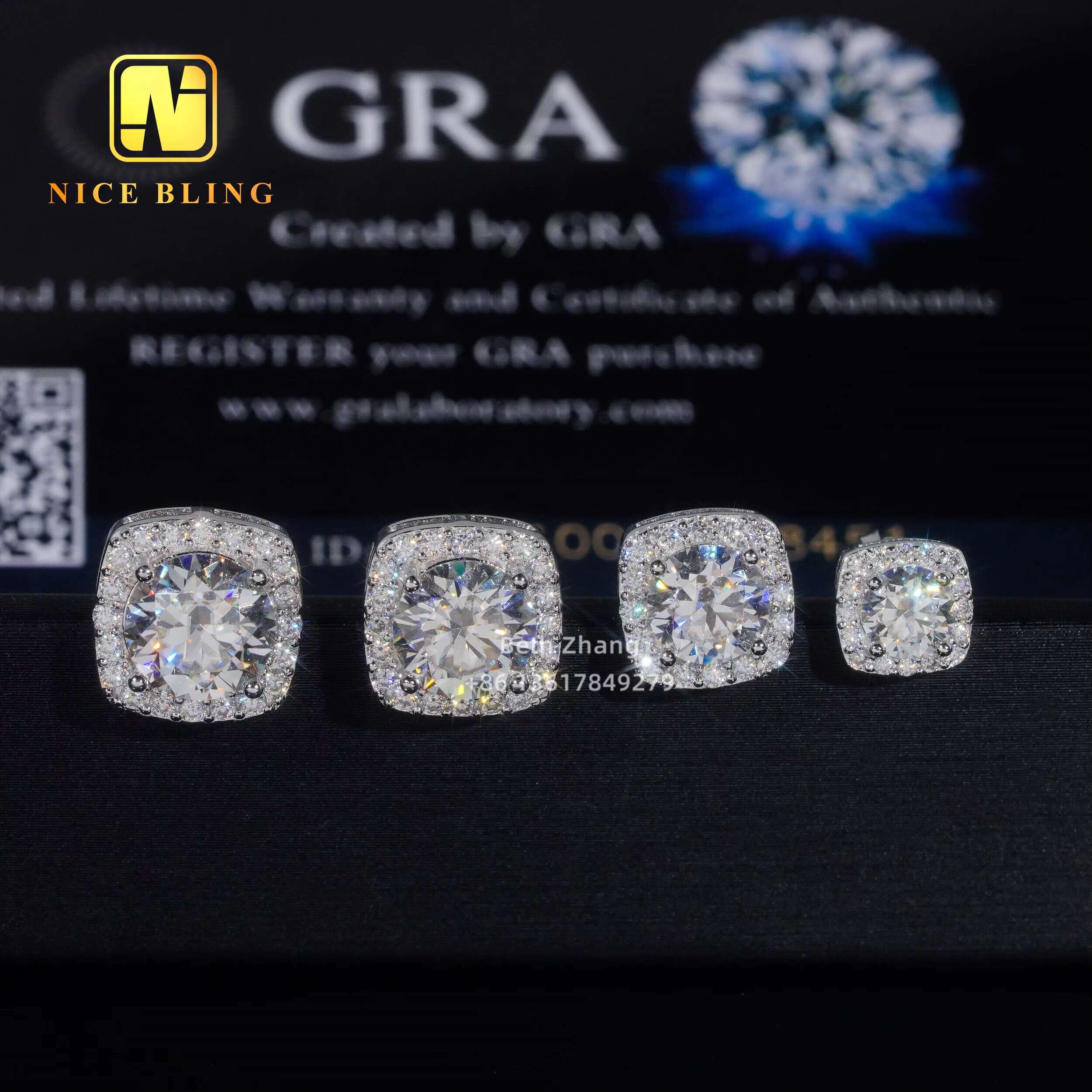 Square Shape Earrings 925 Silver Fashion Hip Hop Jewelry VVS Moissanite Halo Earrings Screw Back Diamond Studs for Men Women