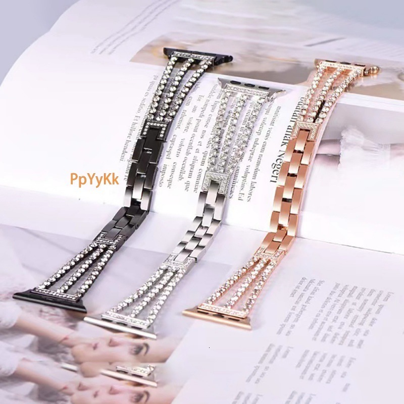 Luxury Three-Row Diamond Inlaid Metal Chain Style Watch Strap for Apple iWatch 4/5/6/7/SE/8