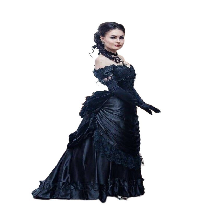 1880s Bustle Black Prom Dress Renaissance Costume Aesthetic Evening Dress Cosplay Duchess Masquerade Historical Reenactment Historial Formal Occasion 