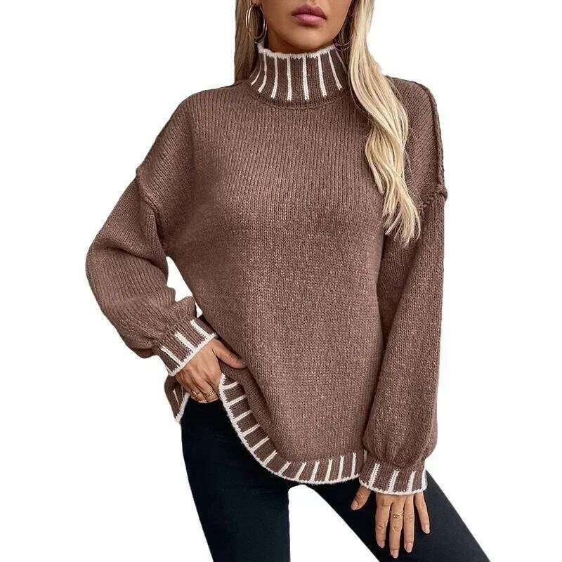 Pop 2025 Women's Autumn Winter Pullovers Tops Female Striped Pullover High Neck Sweater Lady Casual Long Sleeve Knitwears For Wo