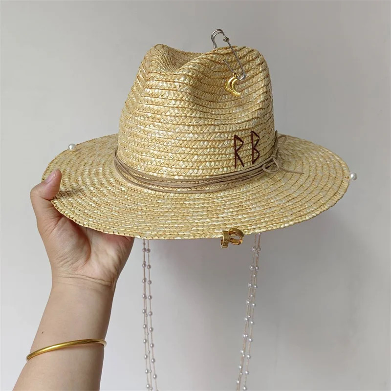White straw hat pearl chain DIY flat top sun hat Korean elastic ribbon hat beach hat candy color sun hat 250624