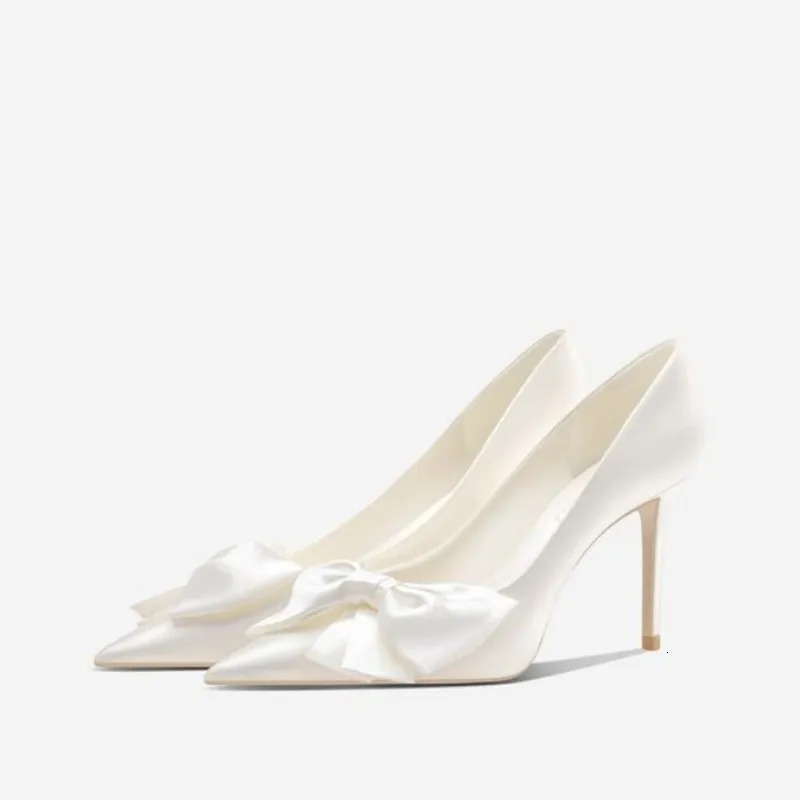 Fashion White Satin Bow Heels Women Pumps Shoes Butterfly High Heels Pumps Elegant Heeled Wedding Shoes 250624