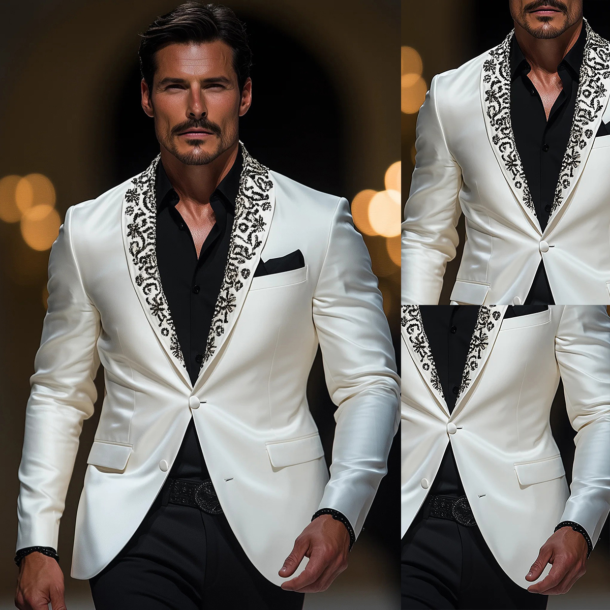 SImple Tailor-Made Appliques Men Suits 2 Pieces Set Shawl Lapel Jacket Beading Blazer Two-Button Groom Customized Coat Black Pants Plus Size