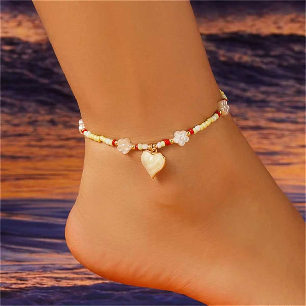 Boho Colorful Enamel Heart Flower Anklets For Women Charm Small Resin Beads Ankle Bracelet Summer Beach Barefoot Chain Jewelry U250624